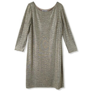 JESSICA H Gold Champagne Metallic Knit Shift Dress, 3/4 Sleeves, Lined, 14